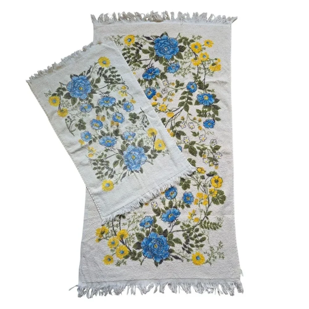 Vintage Fieldcrest(?) Blue White Floral Bath & Hand Towel Set Fringe MCM